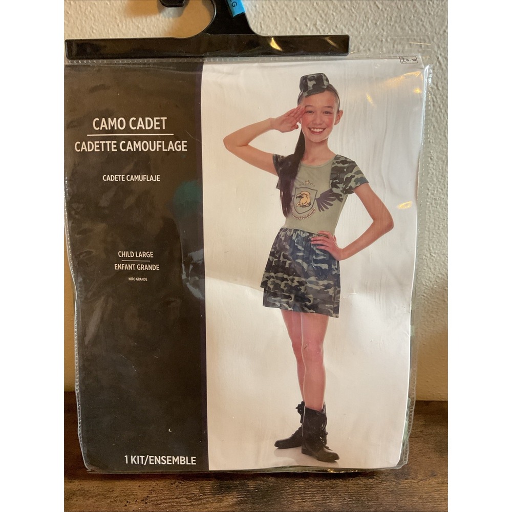 New Girls Camo Army Cadet Camouflage Halloween Costume Hat & Dress Large 8-10‎